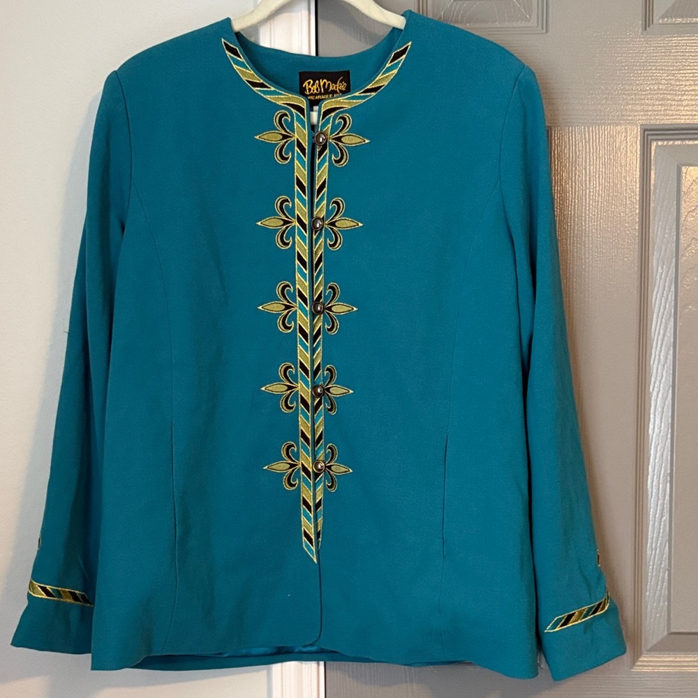 Vintage Bob Mackie Teal Blazer with Gold Embroidery and Fleur de Lis Pattern